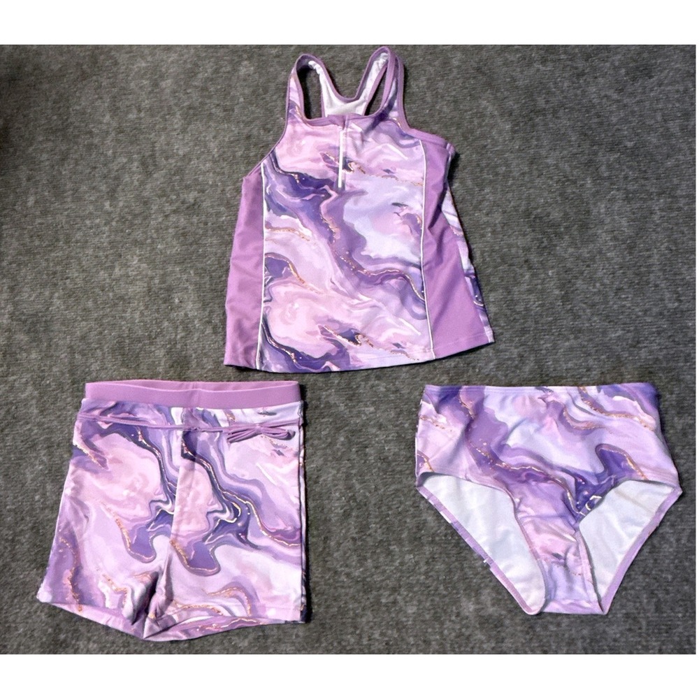 Girls Medium 8Y Purple Gold Foil 3-Piece Swimsuit Tankini Shorts Bikini Set NWOT